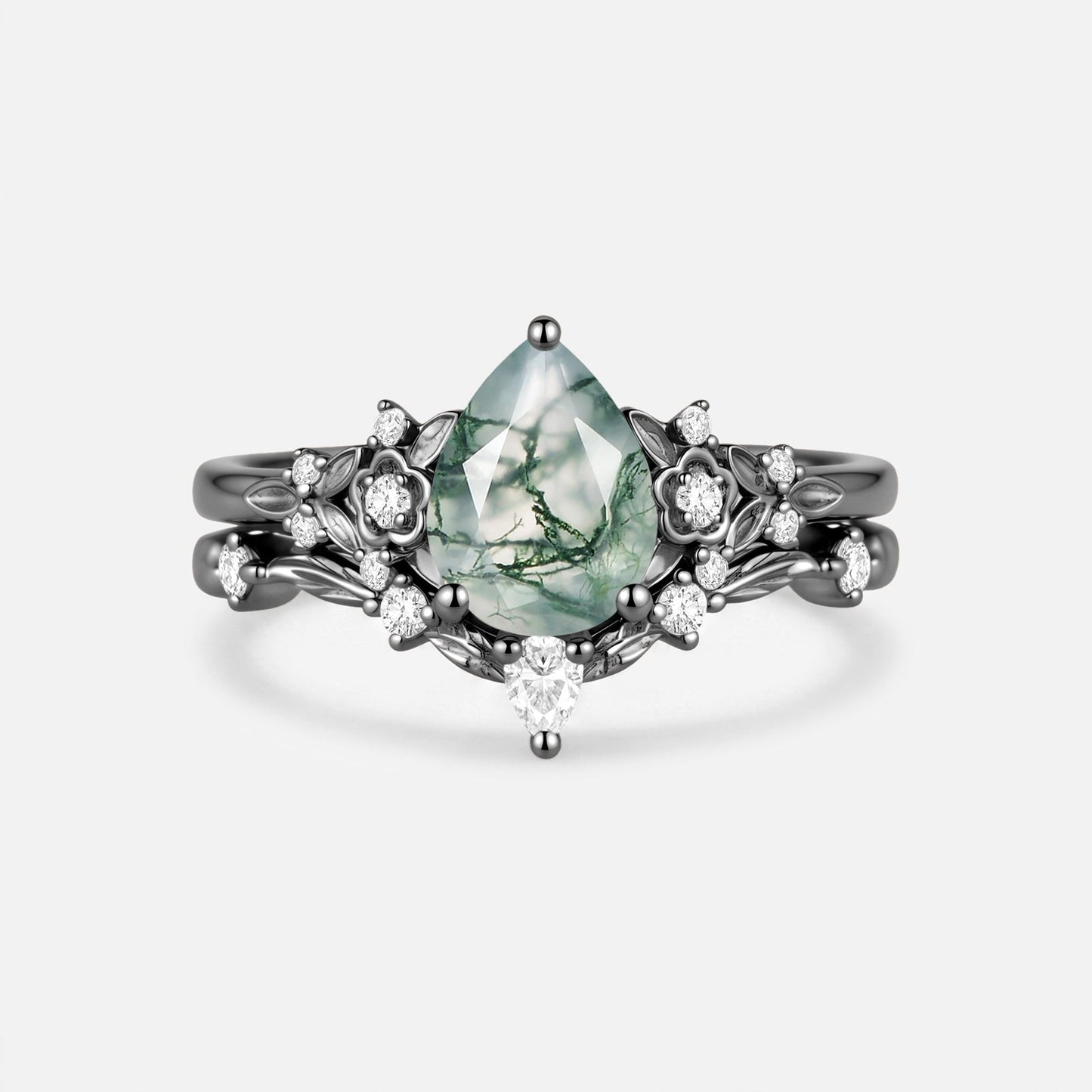 Pear Cut Moss Agate Flower Unique Engagement Ring Set 2pcs - Floralis