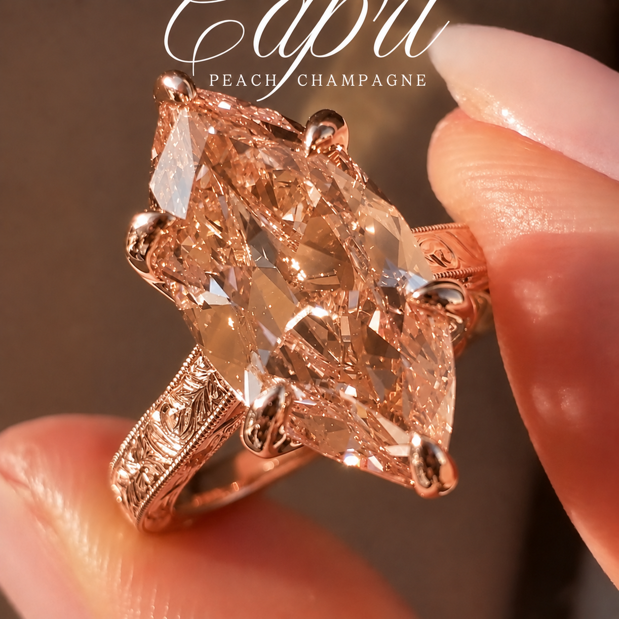 Vintage 3.0ct Hand-Engraved Peach Champagne Marquise Cut Engagement Ring In Sterling Silver