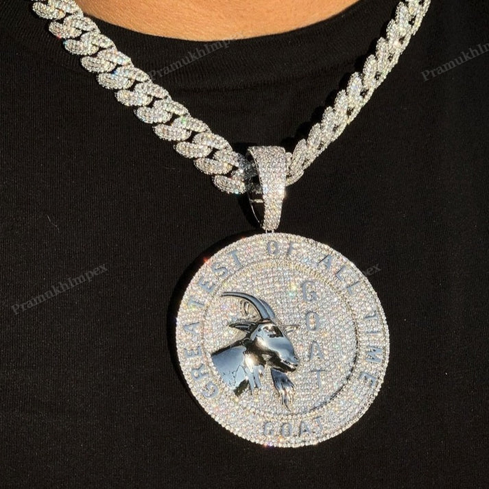 Sterling Silver Moissanite GOAT Round Pendant