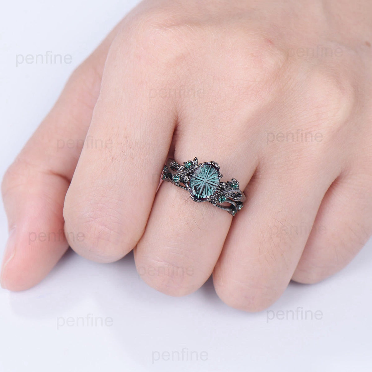 Black Gold Oval Fantasy Cut Alexandrite Engagement Ring Set Nature Inspired Twig Vine Emerald Wedding Bridal Set