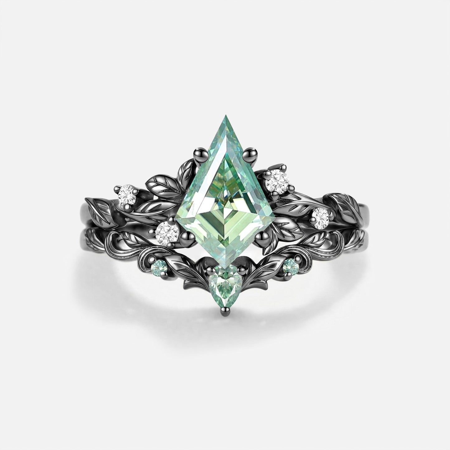 Luminous Reverie - Unique Kite Cut Green Moissanite Leaf Dainty Engagement Ring Set 2pcs - Poppy