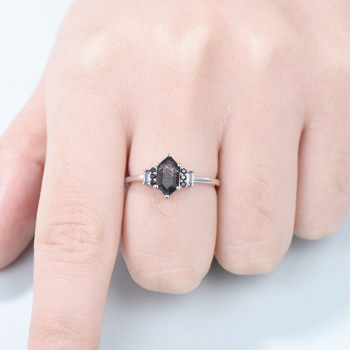 Vintage Long Hexagon Black Rutilated Quartz Engagement Ring Black Gemstone Baguette Alexandrite Cluster Ring Unique Wedding Bridal Gift