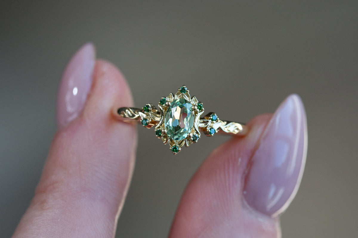 Ready to Ship- Size 7, 14k yellow gold Briar Rose Halo Moon