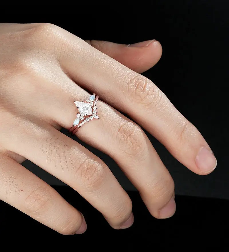 Kite Cut Moissanite Bridal Set Solid Gold Engagement Ring Set Marquise Moonstone Bridal Set Anniversary Diamond Wedding Ring Vintage Promise Ring For Women
