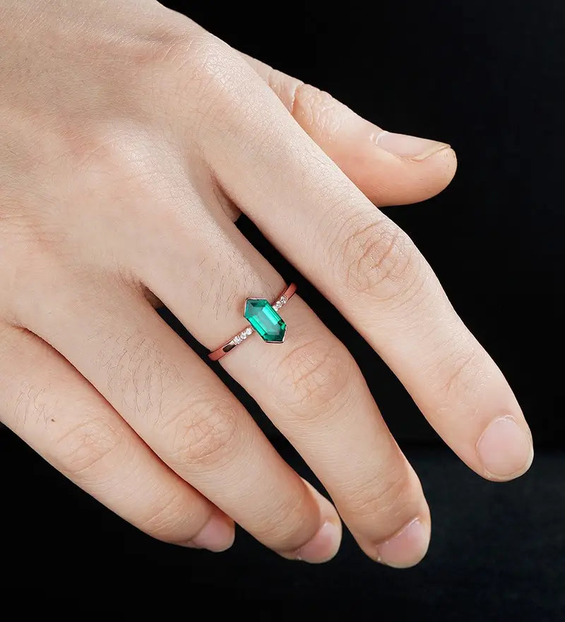 Long Hexagon Cut Lab Emerald Engagement Ring Solid Gold Moissanite Promise Ring Anniversary triangle Diamond Wedding Ring Vintage Ring Unique Bridal promise Ring For Her