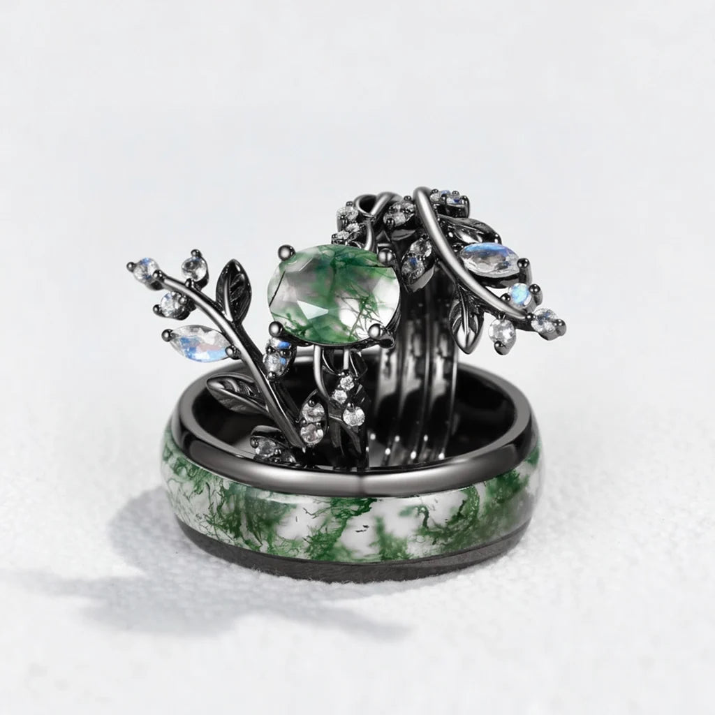 Sylvie’s Wildwood | Oval Moss Agate & Inlay Band Couple Set 3pcs