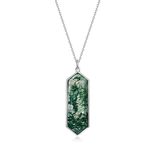 Unique Natural Green Moss Stone Hexagon Pendant Necklace