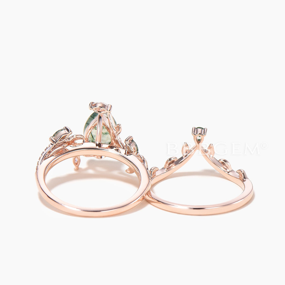 1.25CT Pear Cut Natural Moss Agate Twisted Diamond Leaf Ring Set Agate Band