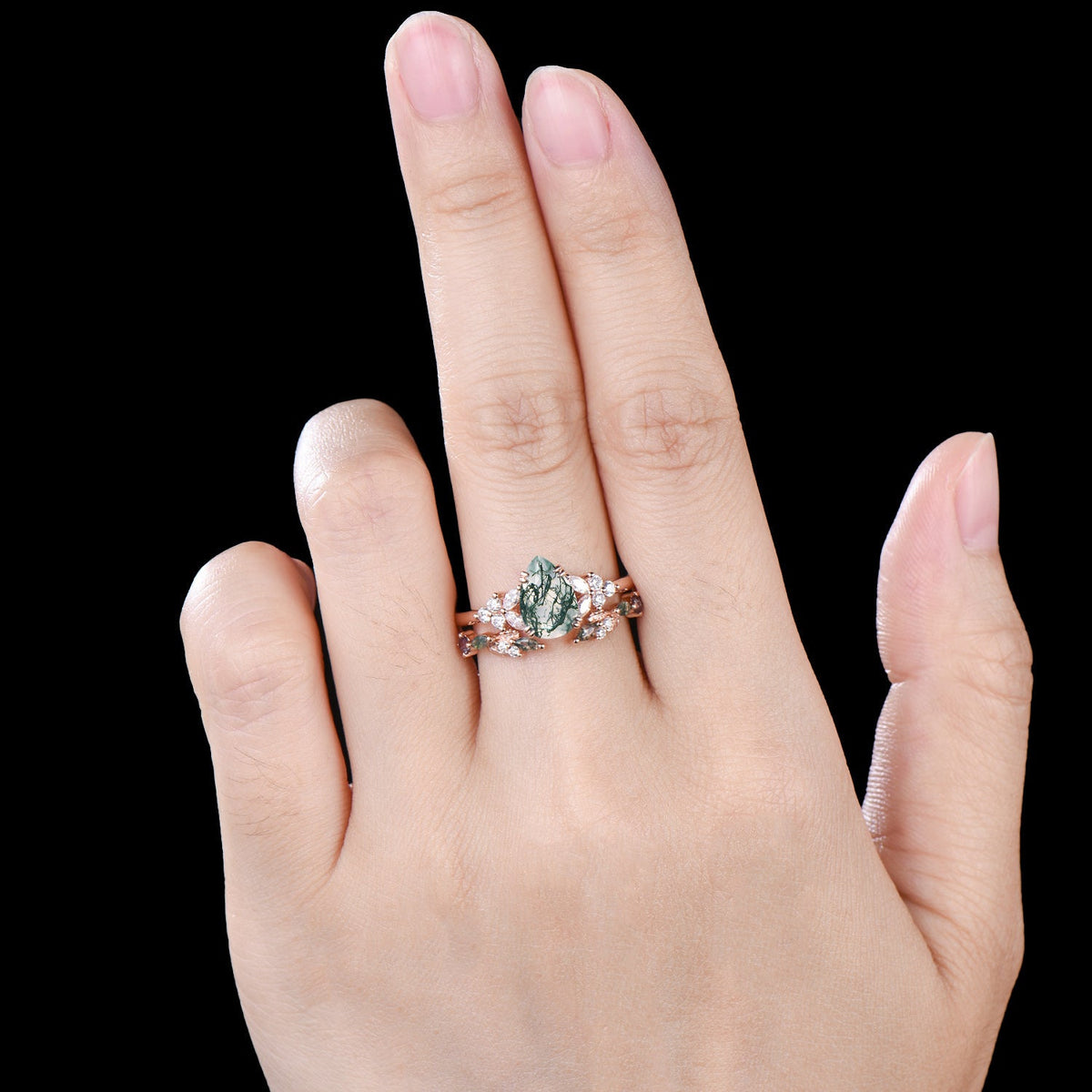 vintage pear shaped moss agate engagement ring floral 6x9mm green agate moissanite wedding set art deco leaf vine alexandrite stacking band