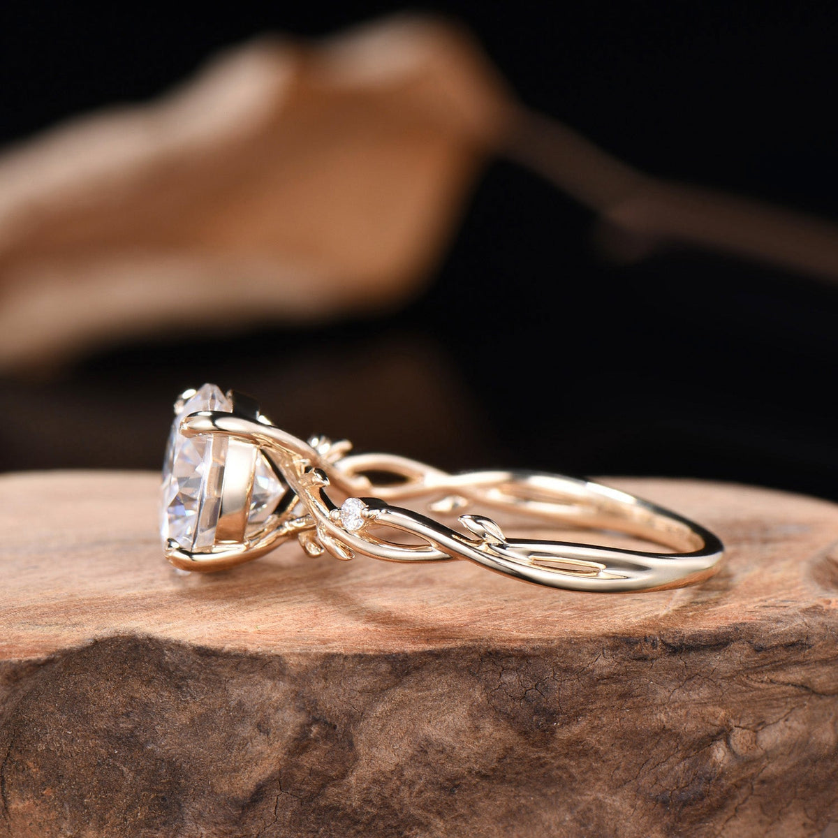 3ct Round Moissanite Engagement Ring 14K Yellow Gold Twig Promise Ring