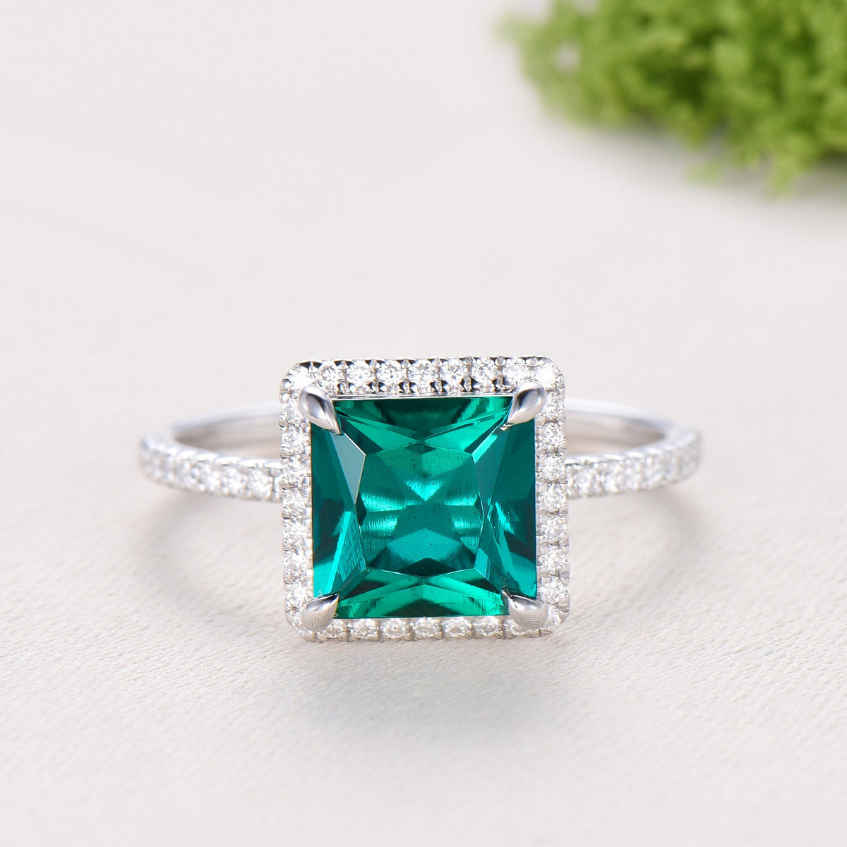 2.5 Carat Princess Cut Emerald Halo Diamond Engagement Ring 14k White Gold Retro Basket Setting Wedding Bridal Set May Birthstone