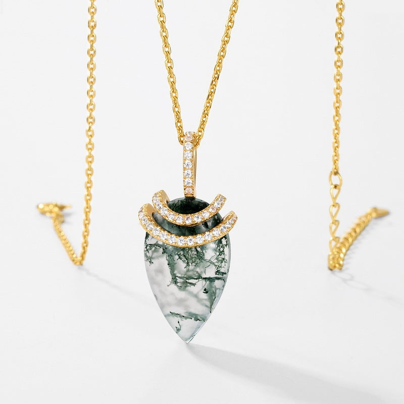 Forest Spirit Moss Agate Teardrop Necklace with Sparkling Pavé Crescent Accents