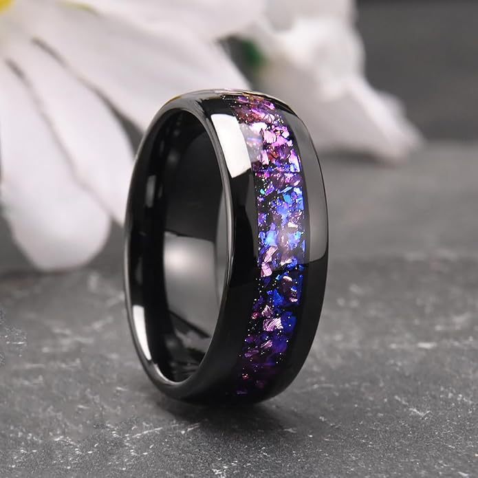 8mm Black Tungsten Wedding Band | Purple Crystal Blue Nebula Design
