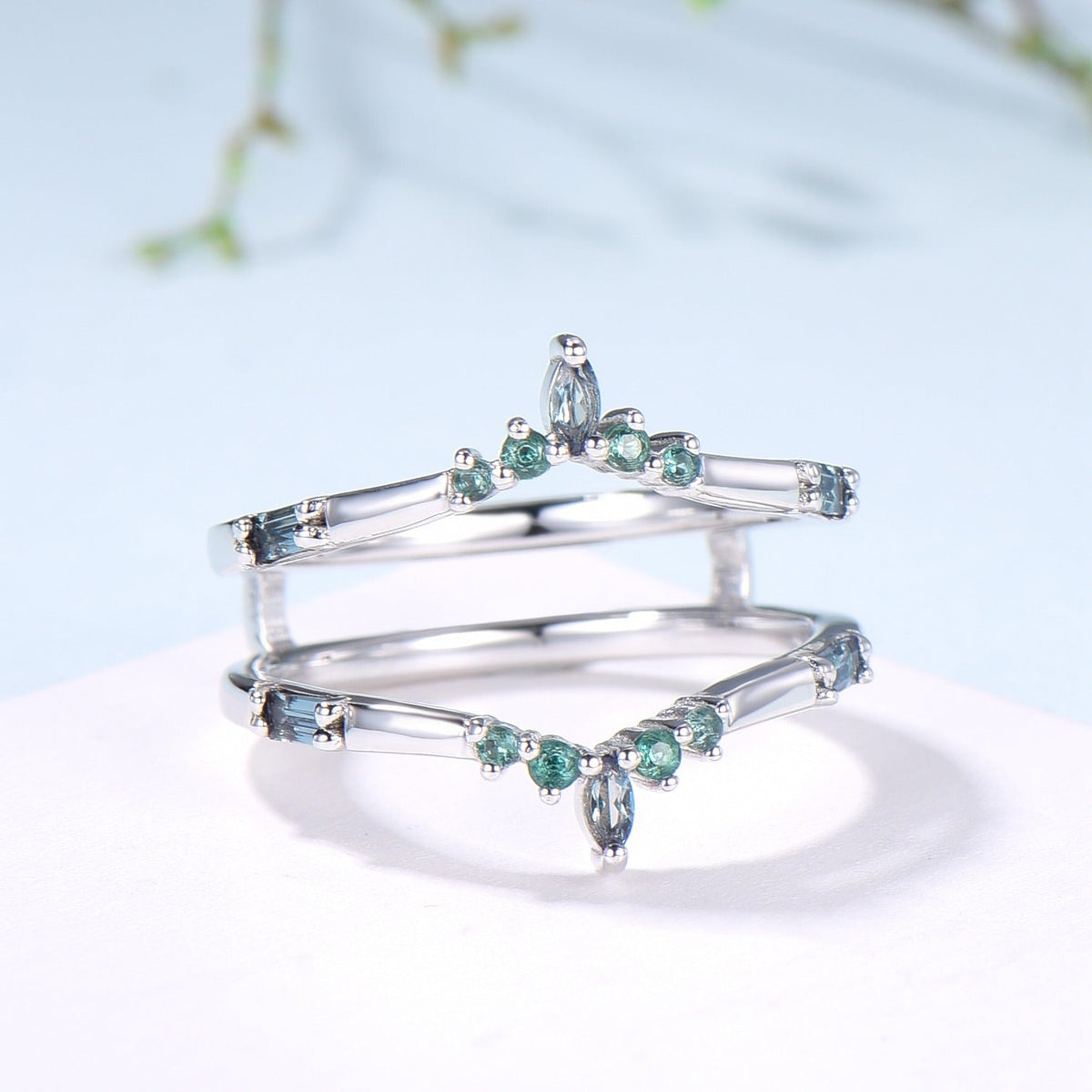 Double Curved Alexandrite Emerald Wedding Band Sterling Silver Contour Enhancer Stacking Marquise Baguette Matching Band Anniversary Gifts