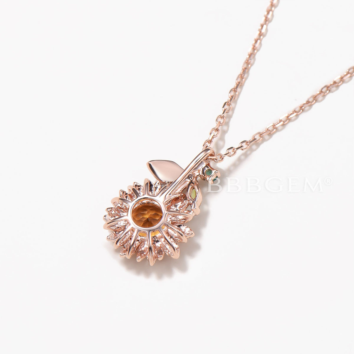 Round Cut Natural Citrine Sunflower Necklace Peridot Leaf Twig Inspired Pendant