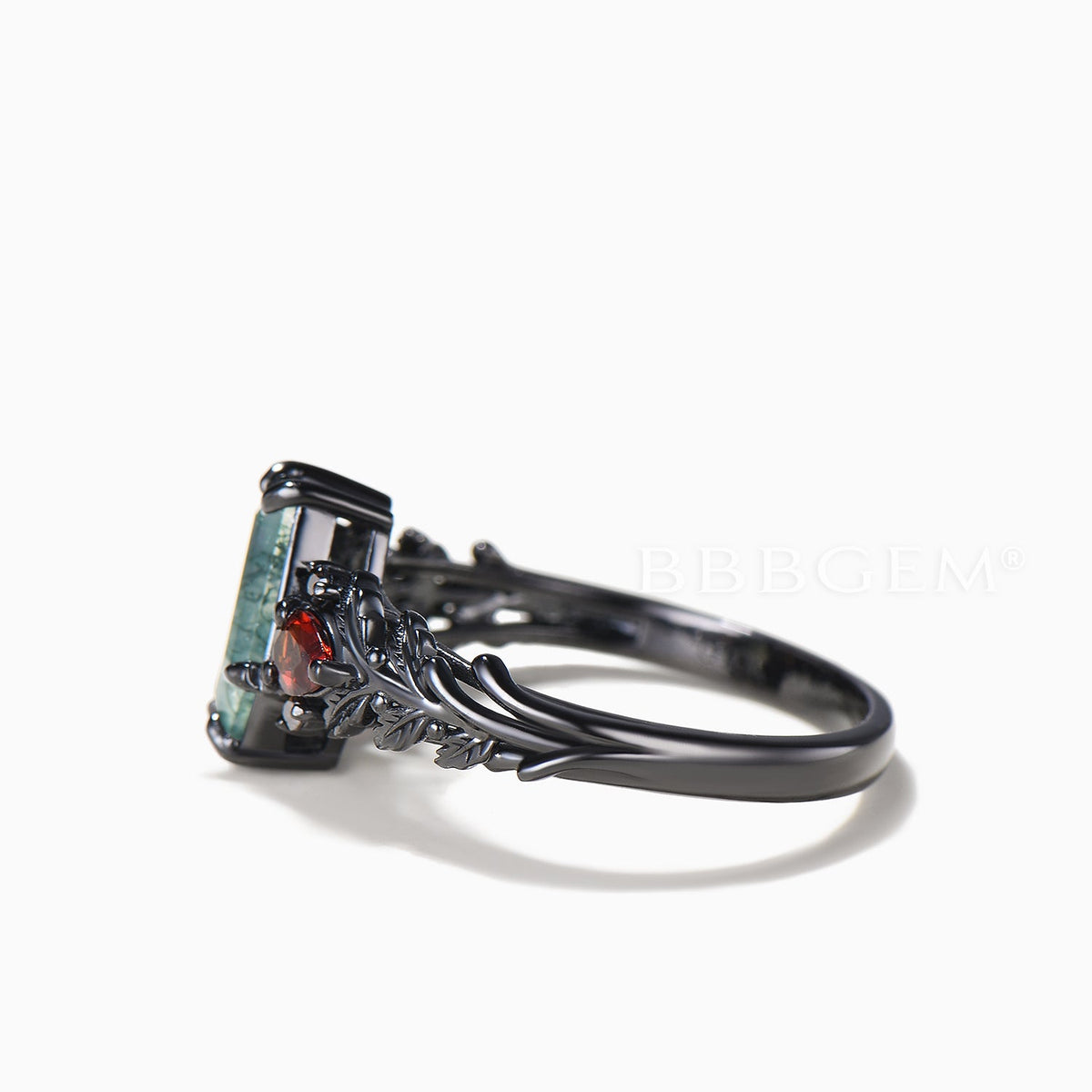 Coffin Moss Agate Leaf Engagement Ring Moissanite Garnet Gothic Black Gold Ring