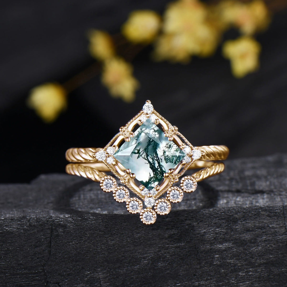 Princess Cut Natural Moss Agate Bridal Ring Set Diamond Twisted Engagement Ring