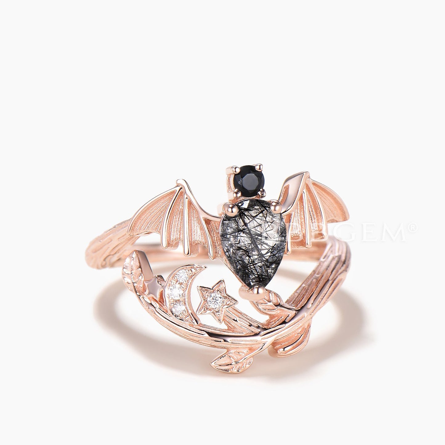 Pear Cut Black Rutilated Quartz Bat Engagement Ring Diamond Leaf Accent Moon Ring