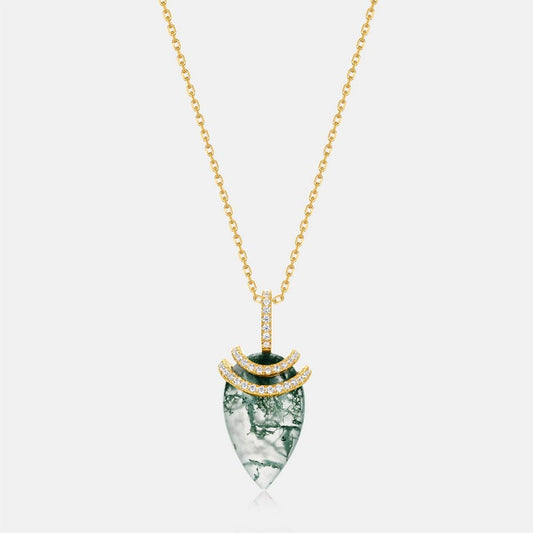 Forest Spirit Moss Agate Teardrop Necklace with Sparkling Pavé Crescent Accents