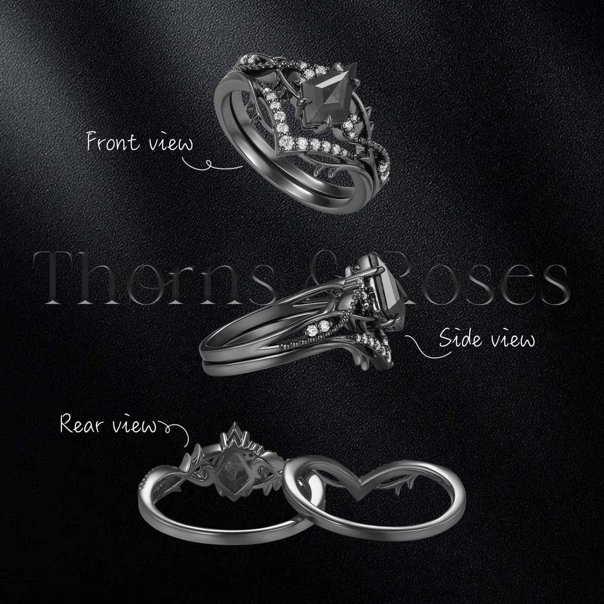 Nature Inspired Kite Moissanite Twisted Vines Gothic Black Gold Engagement Ring Set 2pcs - 'Thorns & Roses'