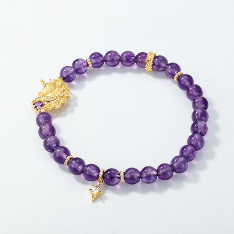 Handcrafted Brushed Gold Unicorn Bracelet Plated Amethyst Beaded Jewelry