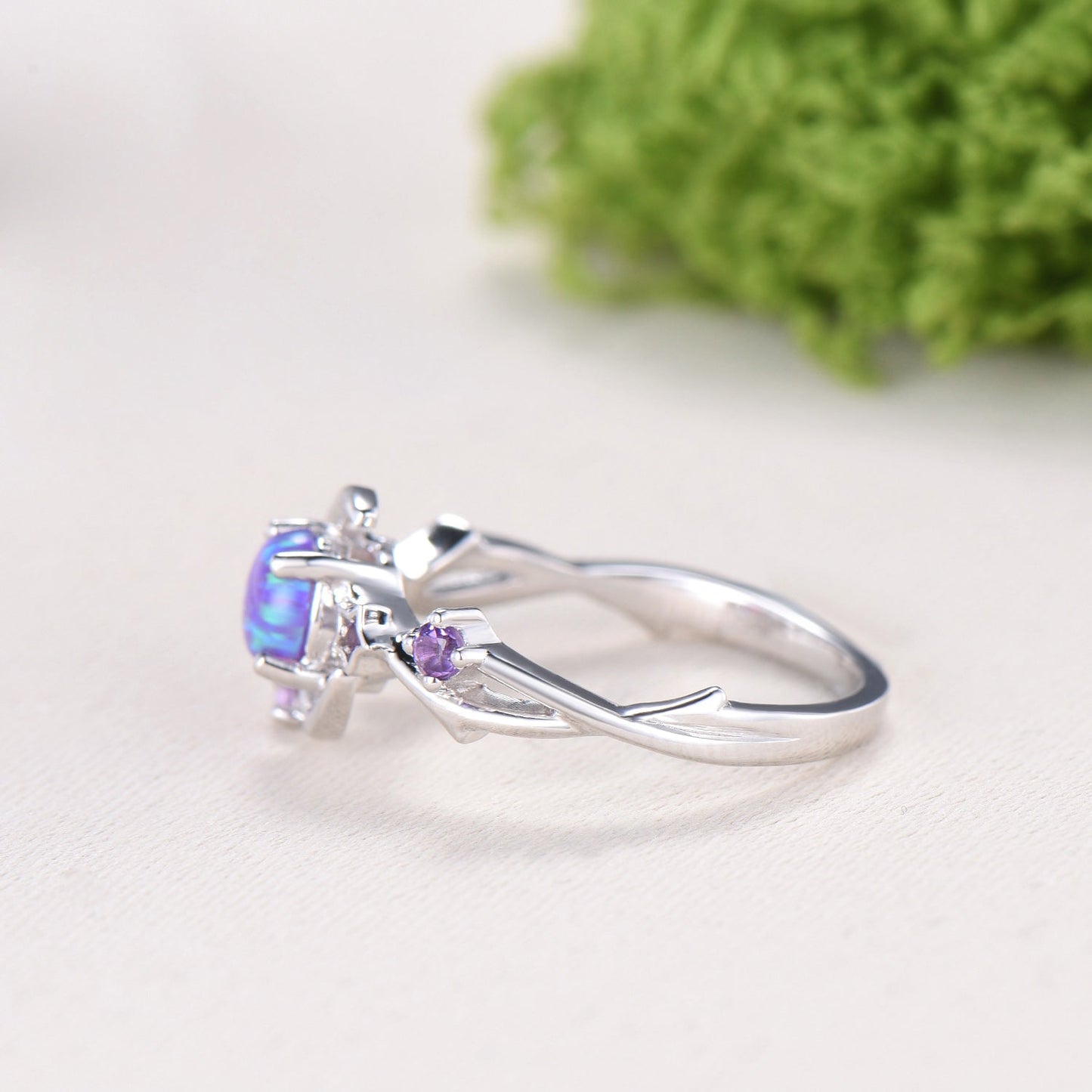 Dainty star purple opal ring 5mm round fire opal moon engagement ring elegant art deco wedding ring for women unique handmade proposal gift