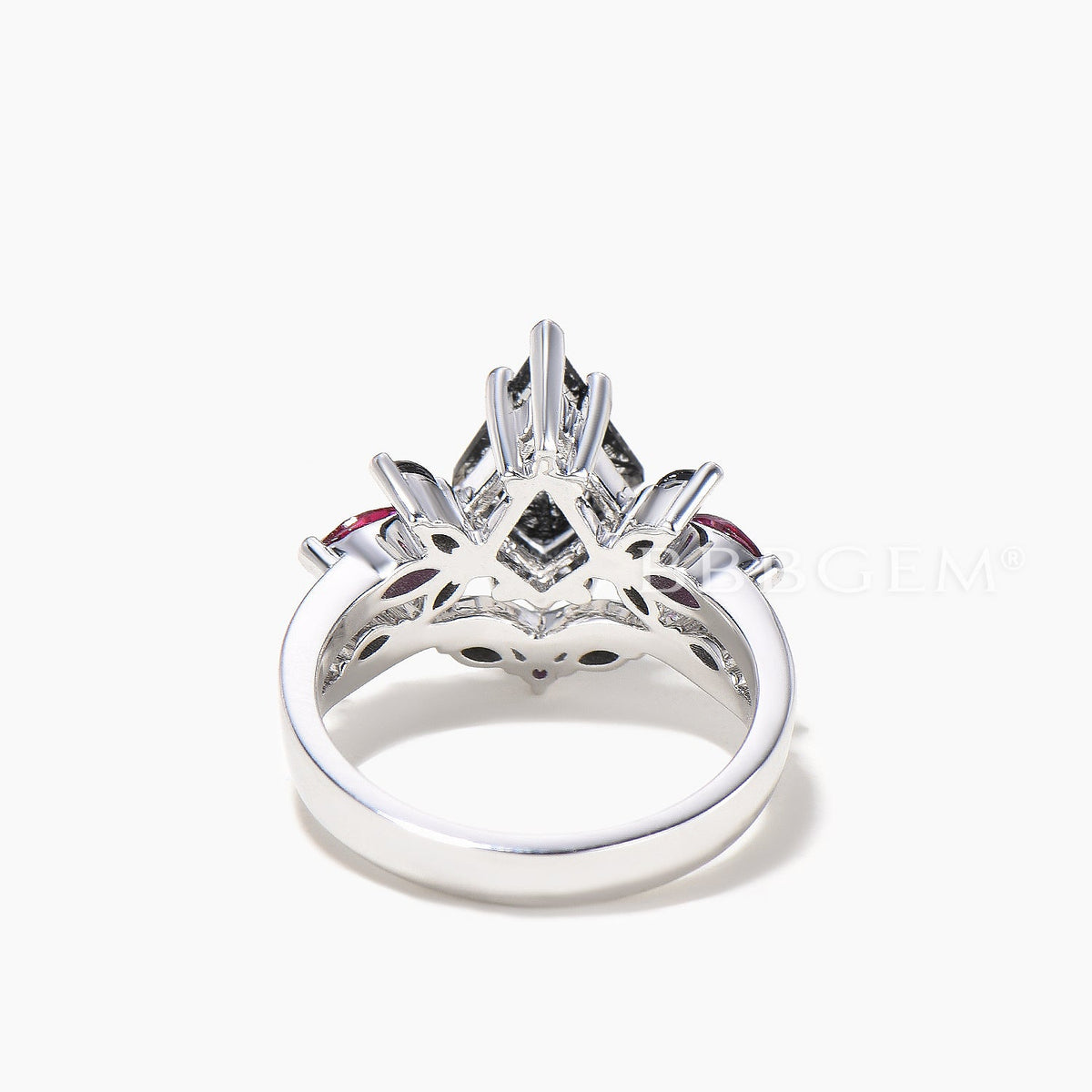 Kite Cut Natural Black Rutilated Quartz Wedding Ring Spinel Ruby Split Shank Ring