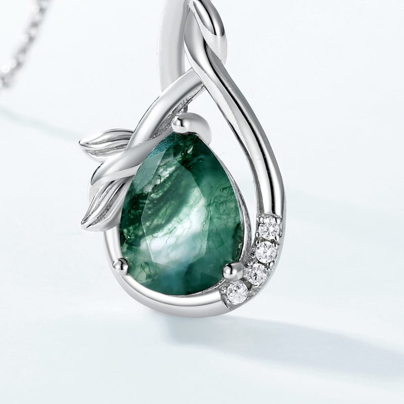 Forest Whisper Moss Agate Teardrop Necklace Leaf & Vine Branch Pendant