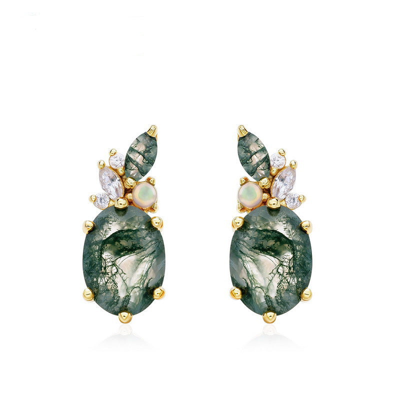 Oval Moss Agate Stud Earrings, Dainty Opal Cluster Jewelry, Botanical Ear Climbers, Forestcore Aesthetic Gift, Unique Bridesmaid Gift