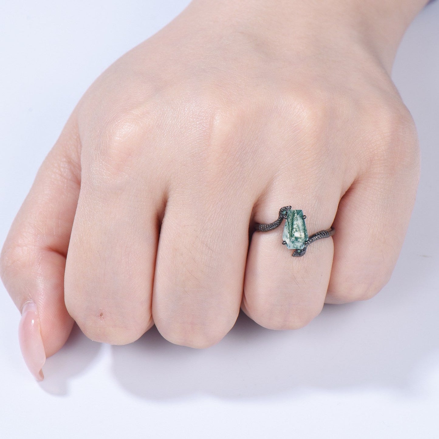Unique Snake green moss agate engagement ring cold-blooded coffin shaped green stone three stone wedding ring women anniversary promise gift