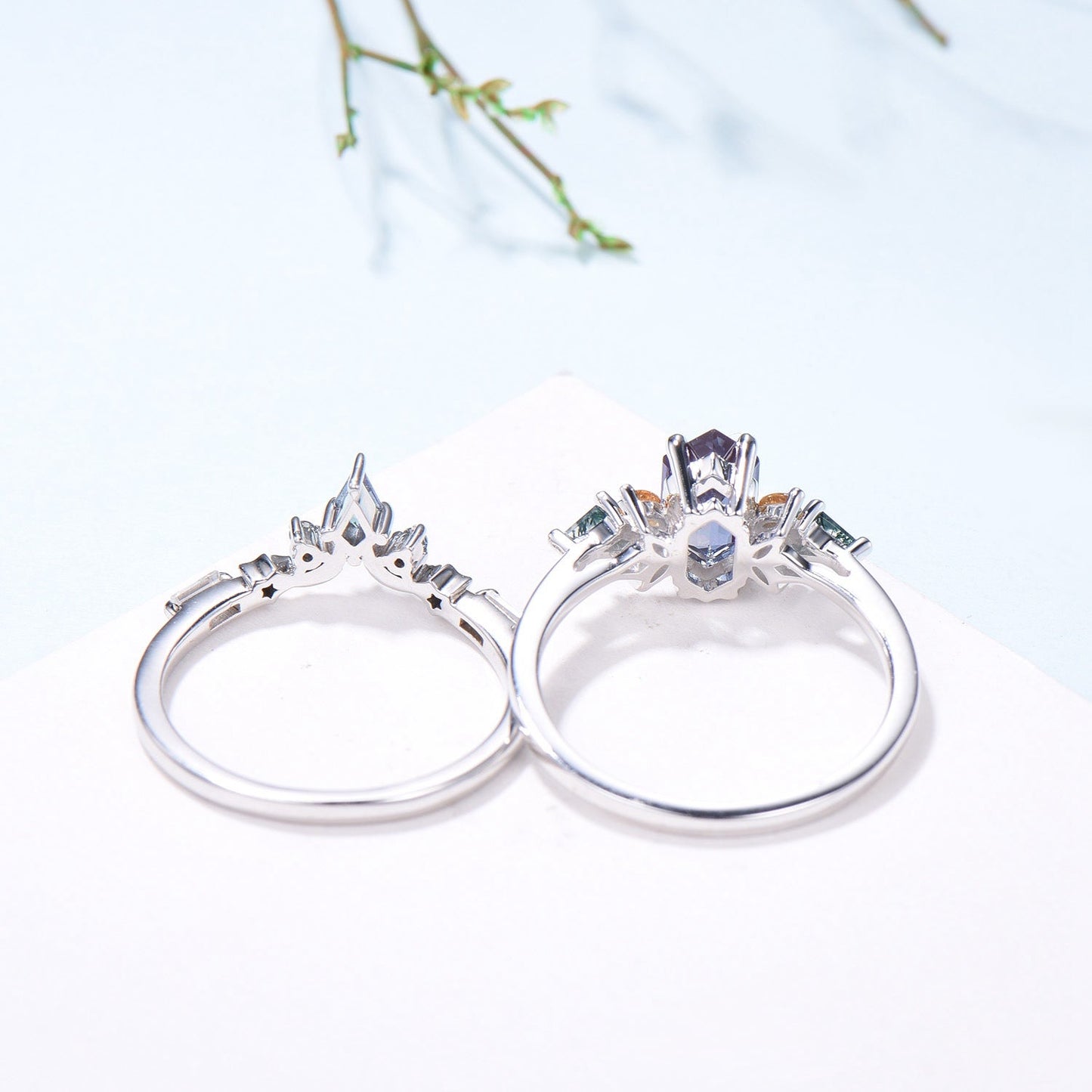Vintage Elongated Hexagon Alexandrite Bridal Set with Citrine Moss Agate Cluster
