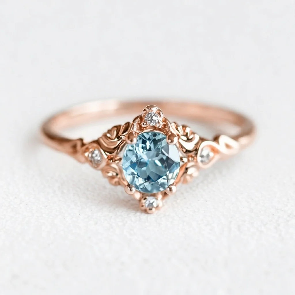 Marina’s Lace | Round Aquamarine Engagement Ring with Filigree Setting