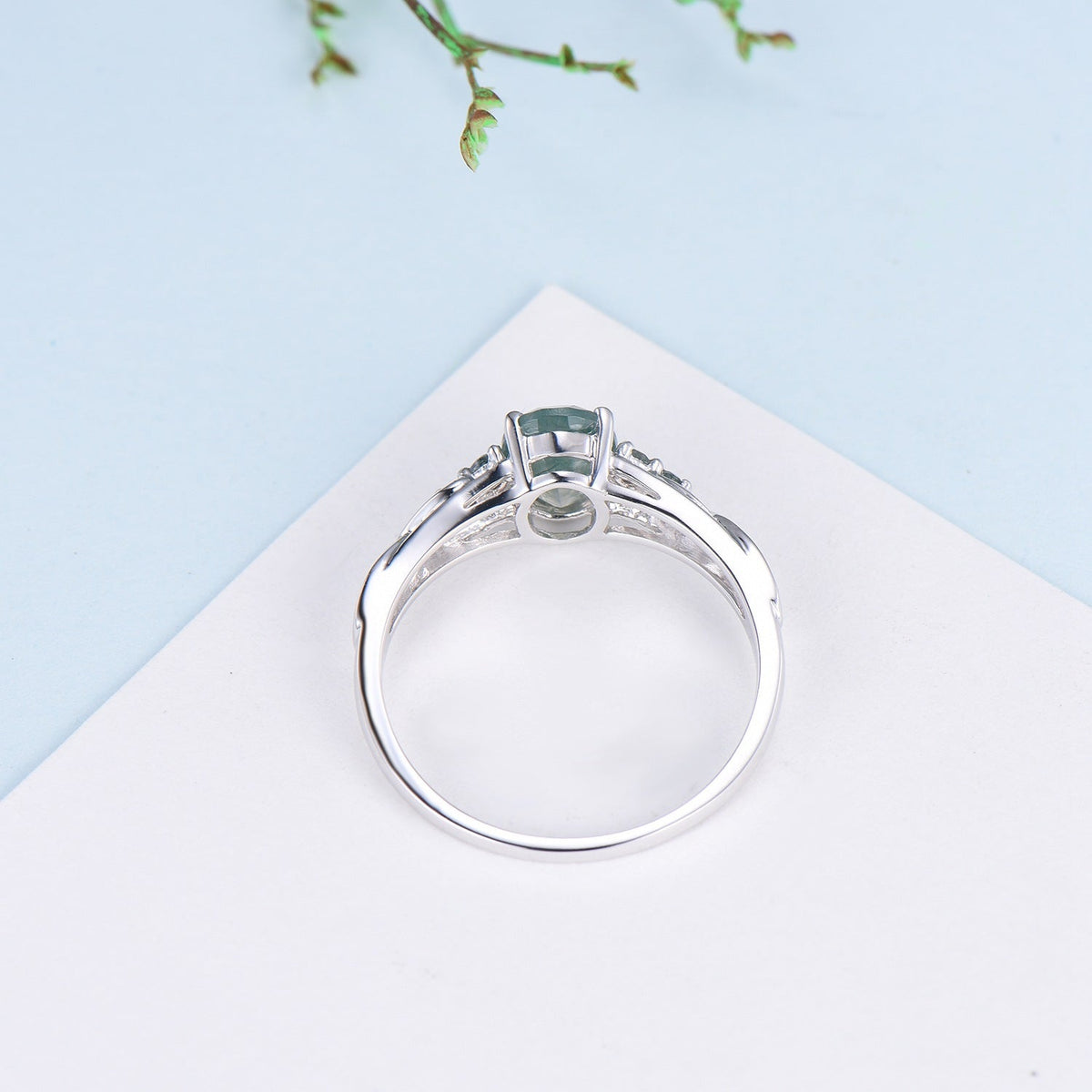 Celtic Knot Oval Natural Moss Agate Engagement Ring Solid 14K/18K White Gold Unique Infinity Ring Cluster Wedding Ring Anniversary gifts