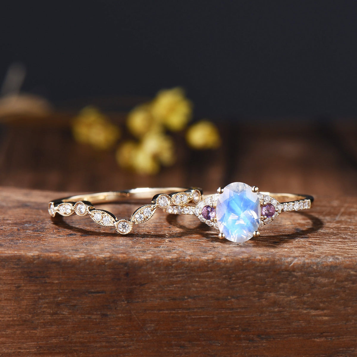 Vintage Moonstone Engagement Ring Set: 14K Gold, Amethyst Bridal Band