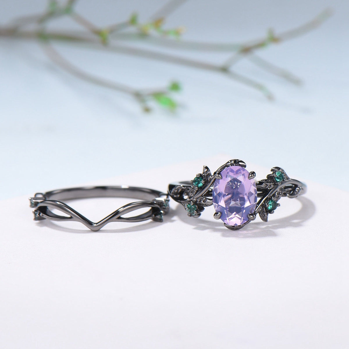 Gothic Oval Lavender Amethyst & Emerald Engagement Ring in Black Gold - Nature Inspired Elvish Vine Band