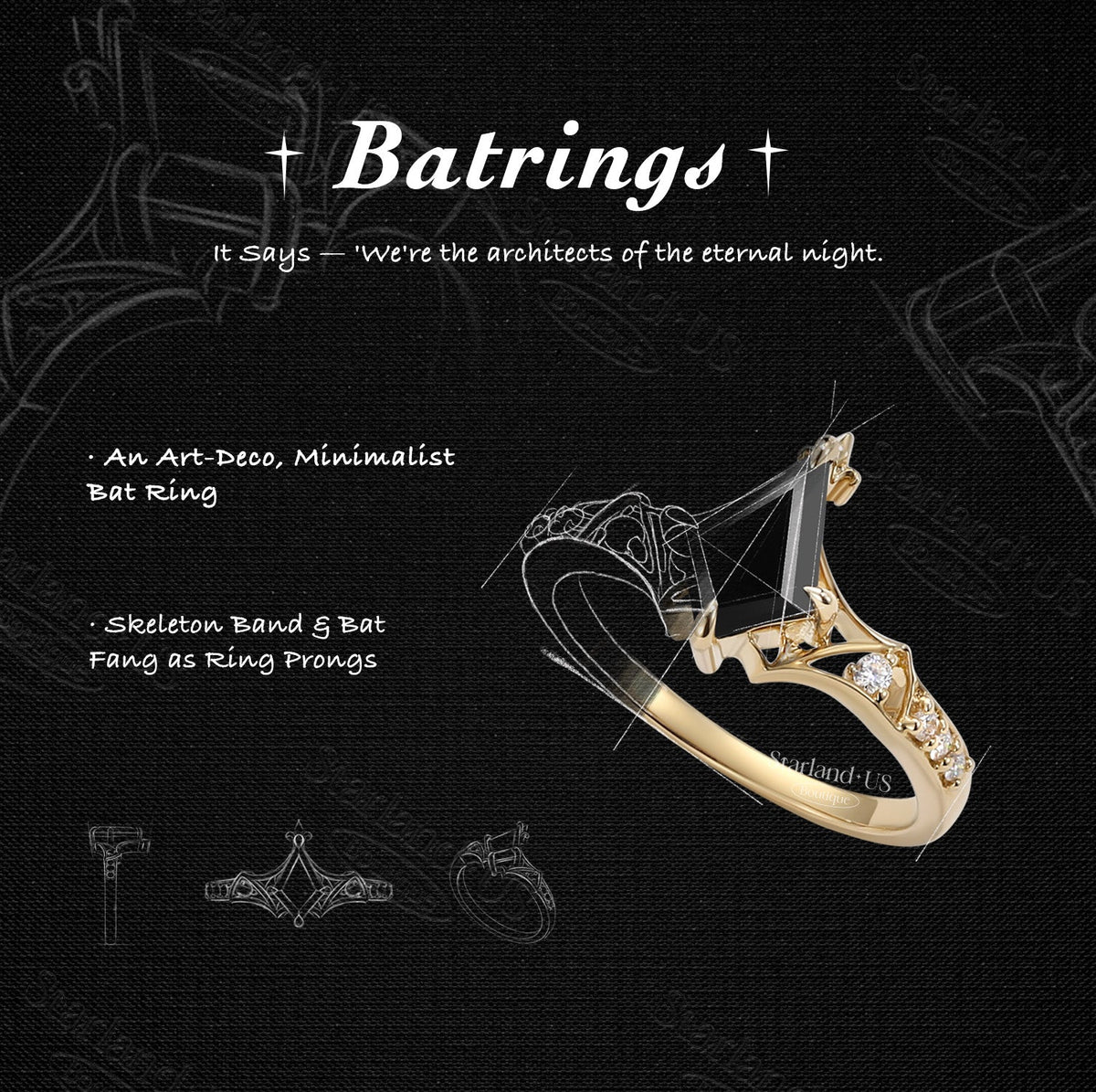 Gothic Bat Ring - Art Deco Kite Cut Black Moissanite Unique Engagement Ring Set