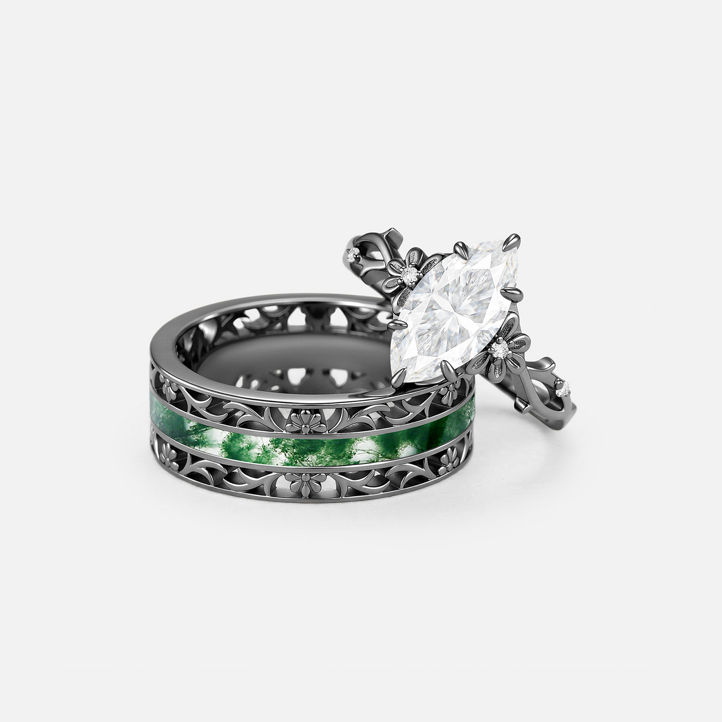 Marquise Cut Moissanite & Moss Agate Engraved Engagement Couple Ring Set 2pcs - Fennel