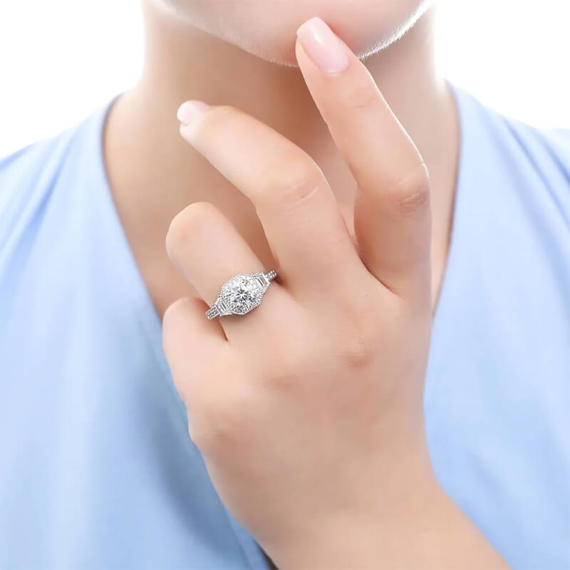 Vintage Three Stone Moissanite And Trapezoid Engagement Ring