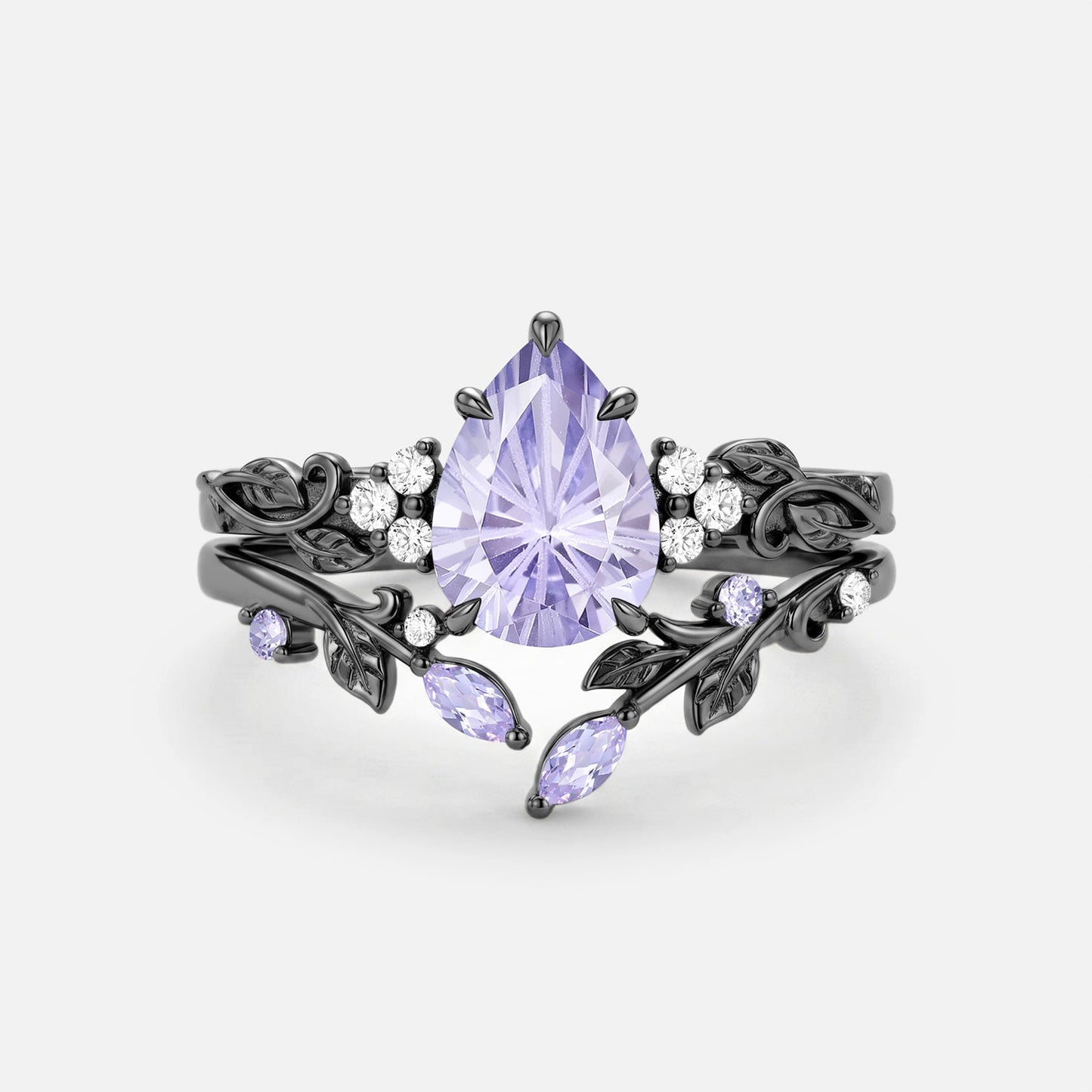 Pear Cut Leafy Firework Lab Lavender Sapphire Engagement Ring Set 2pcs - Cassia