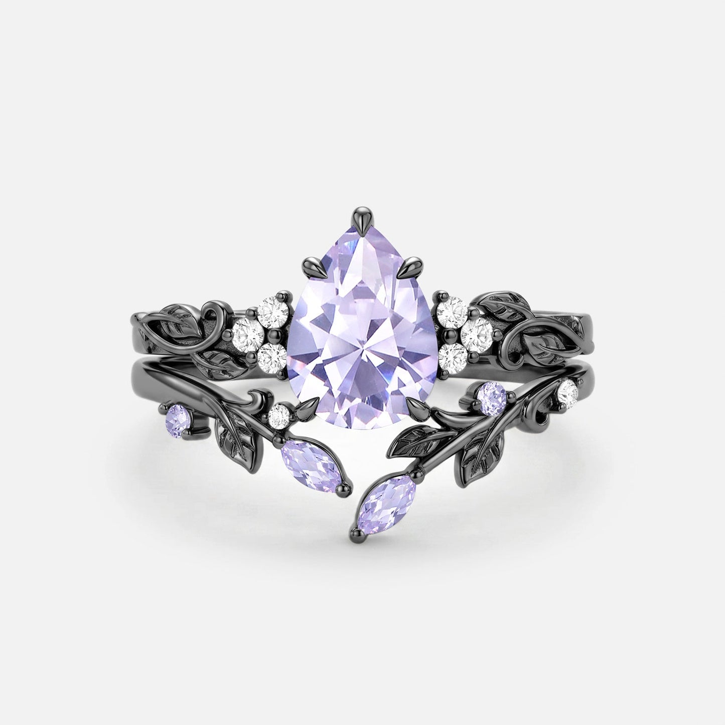 Pear Cut Leafy Lab Lavender Sapphire Engagement Ring Set 2pcs - Cassia