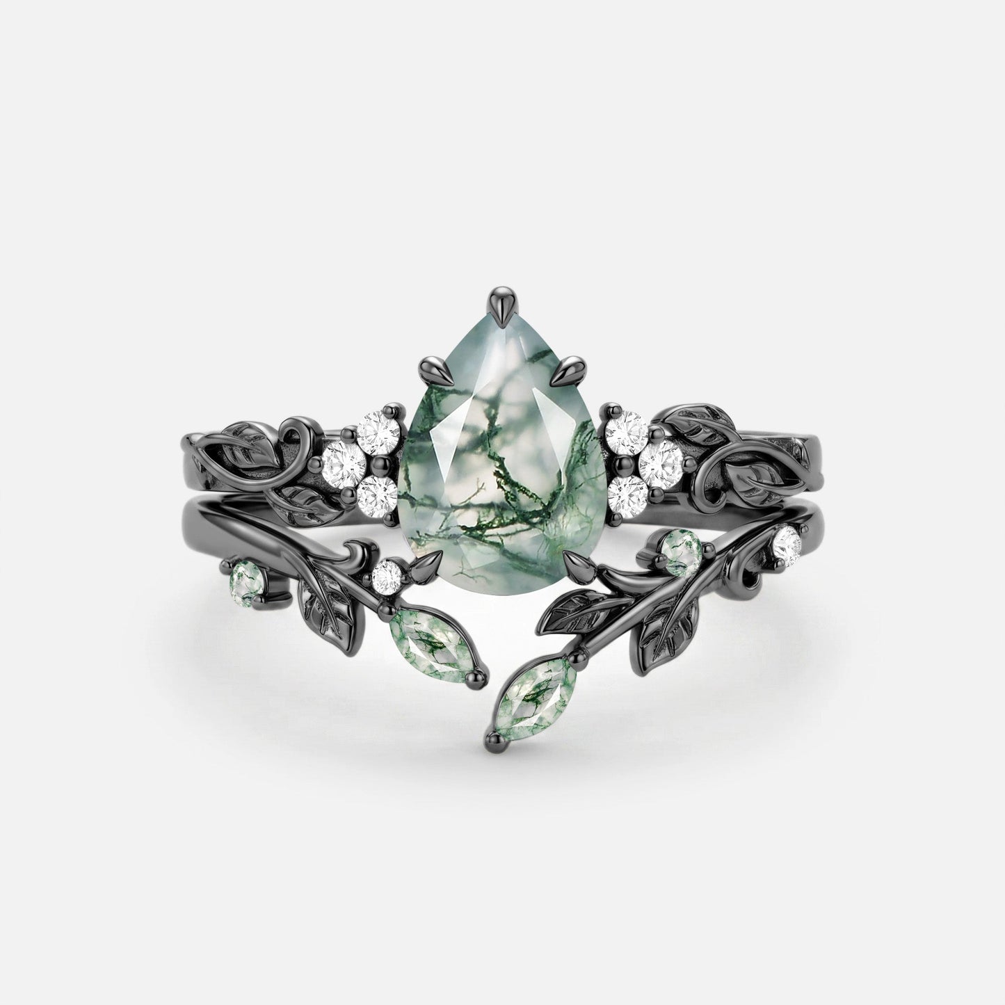 Pear Cut Moss Agate Leaf Dainty Engagement Ring Set 2pcs - Cassia