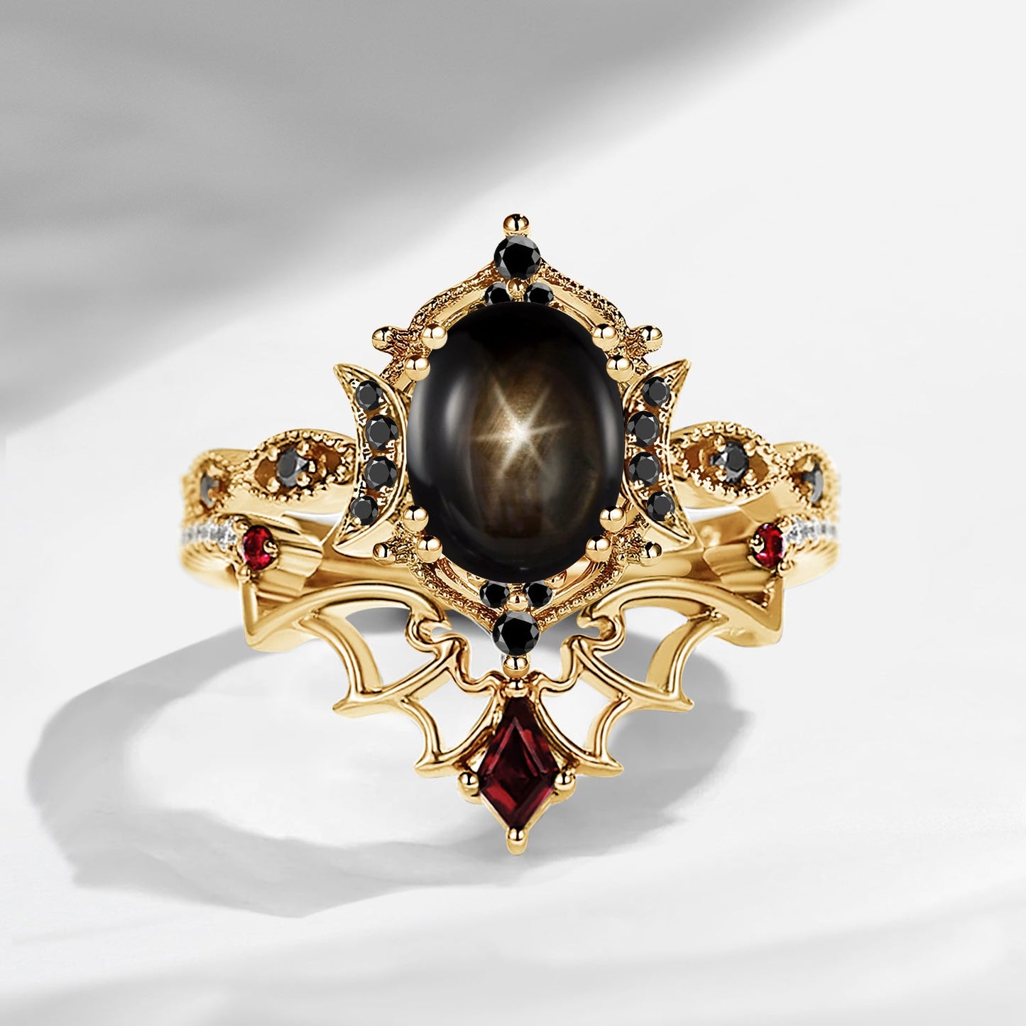 Crescent Moon | Bat Inspired Oval Cut Natural Black Star Sapphire Gothic Black Gold Engagement Ring Set 2pcs