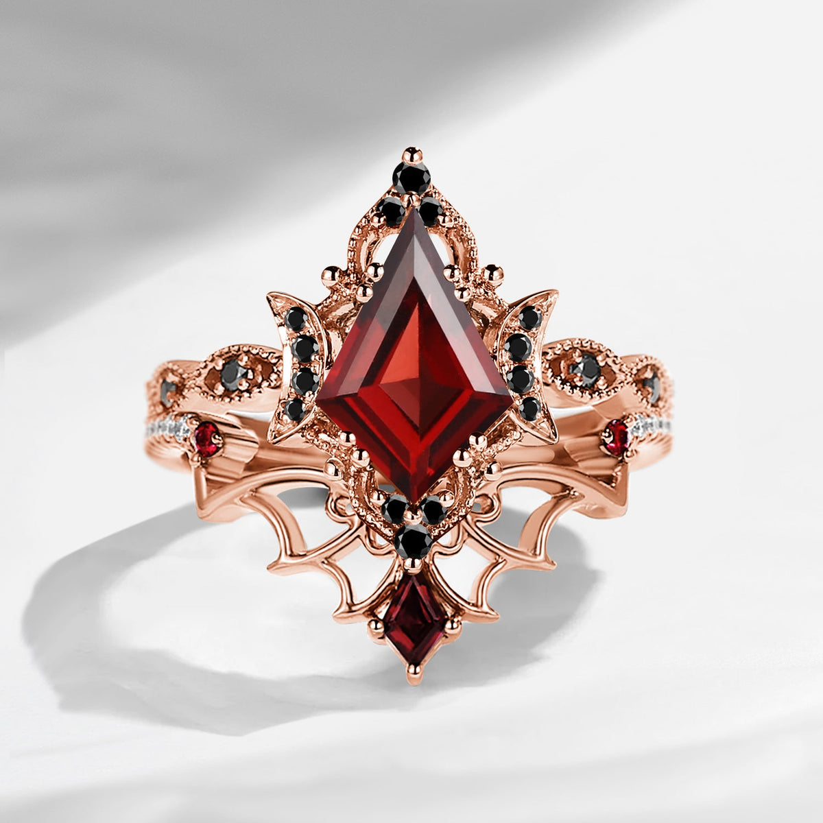 Crescent Moon | Vintage Inspired Kite Cut Garnet Black Gold Engagement Ring Set 2pcs