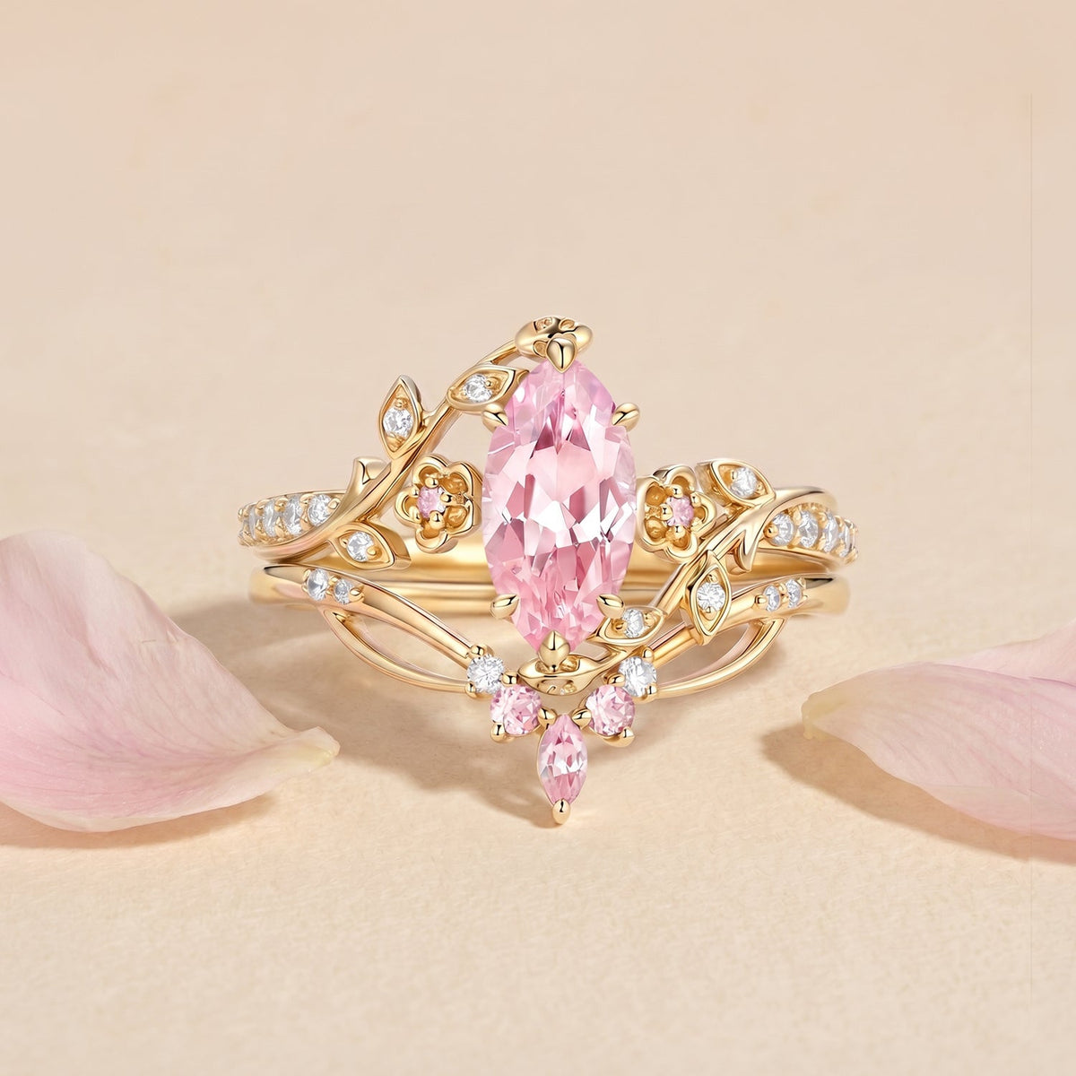 Marquise Cut Lab Pink Sapphire Flower Unique Engagement Ring Sets - Zane