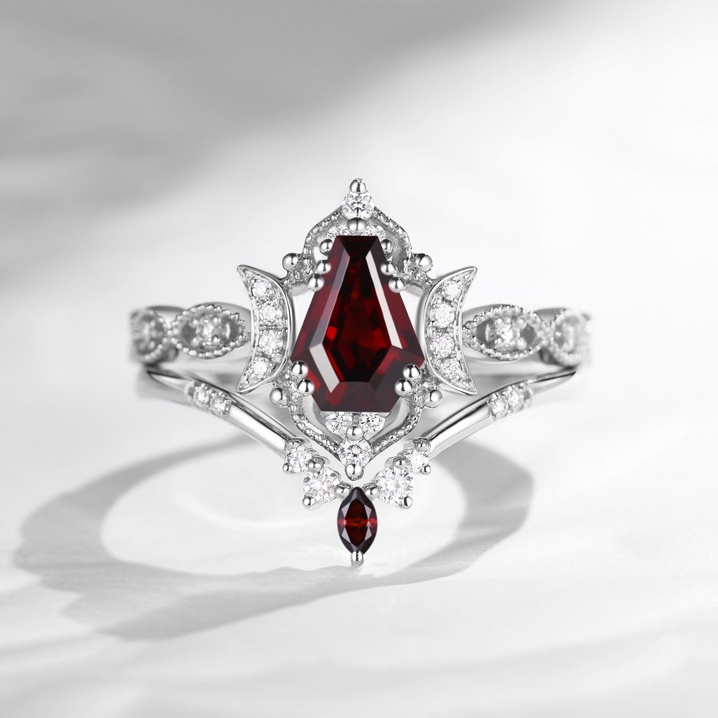 Crescent Moon | Unique Coffin Cut Garnet Engagement Ring Set 2pcs - Luna