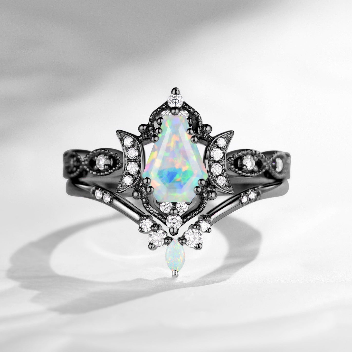 Crescent Moon | Unique Coffin Cut Lab Opal Engagement Ring Set 2pcs - Luna