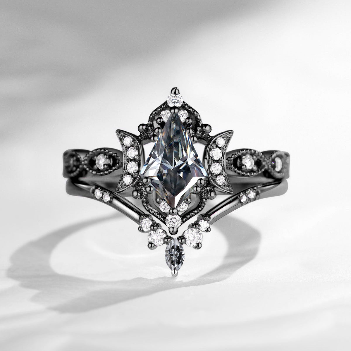Crescent Moon | Kite Cut Unique Grey Moissanite Engagement Ring Set 2pcs - Luna