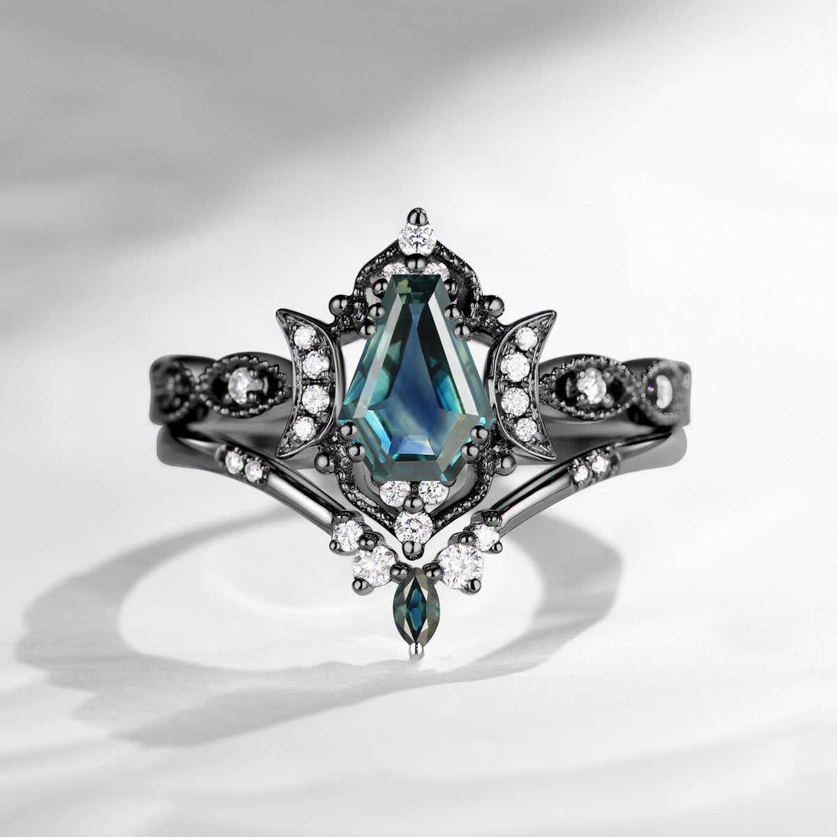 Crescent Moon 'Luna' - Vintage Coffin Cut Natural Teal Sapphire Engagement Ring Set with Milgrain Detailing