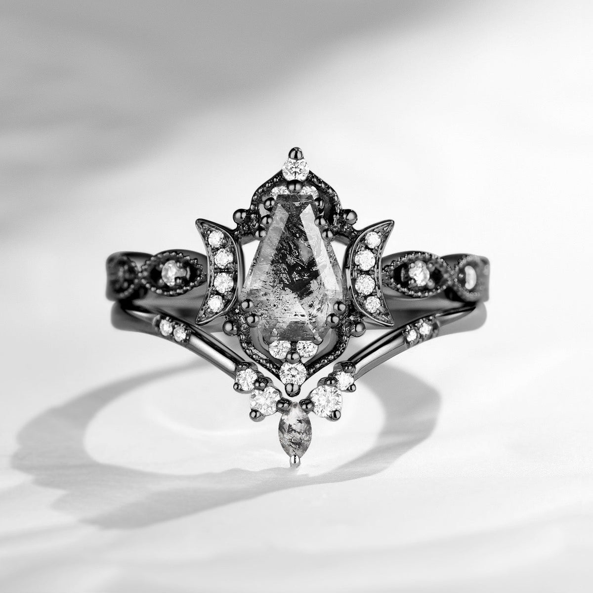Crescent Moon | Unique Coffin Cut Herkimer Diamond Engagement Ring Set 2pcs - Luna