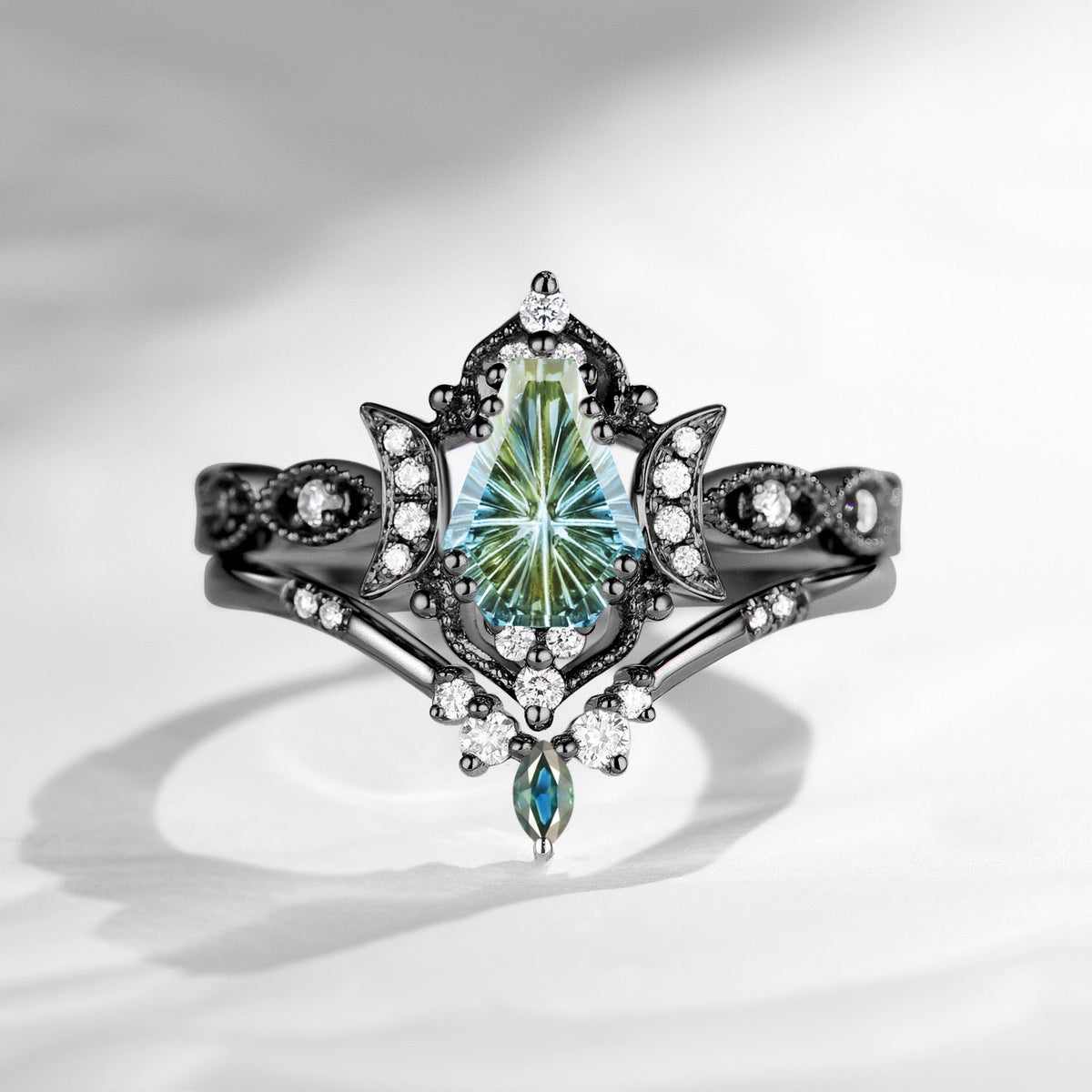 Crescent Moon | Fantasy Cut Coffin Shaped Natural Multi-Colored Sapphire Engagement Ring Set 2pcs - Luna